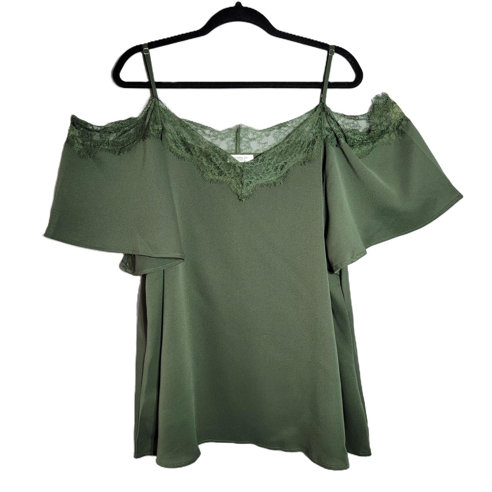 Chic Soul Womens 3XL Olive Green Lace Trim Cold Shoulder‎ Flutter Sleeve Top